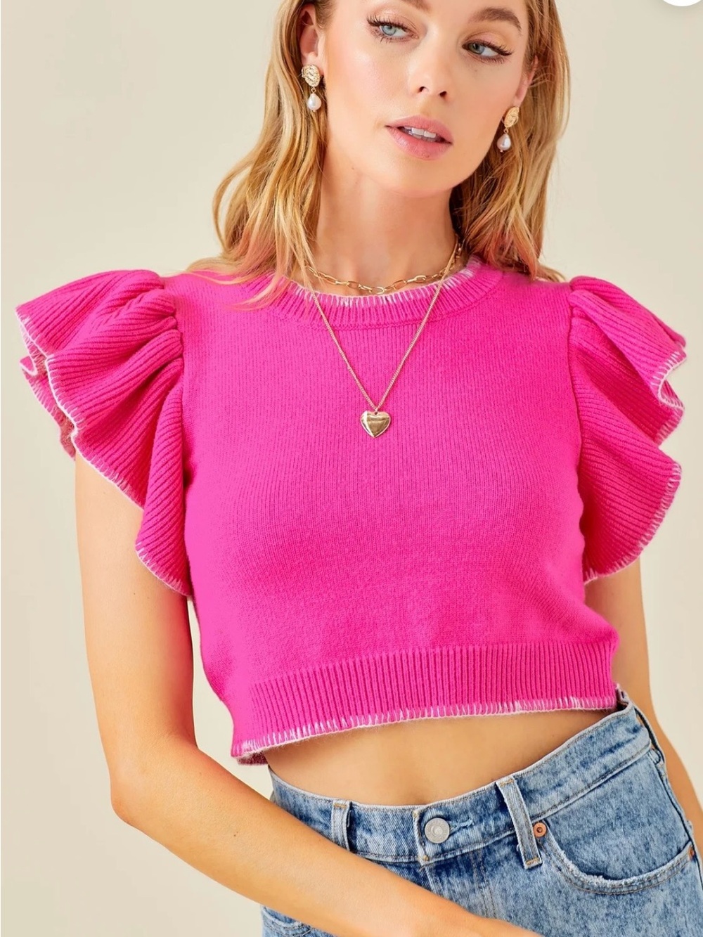 NWOT Day + Moon cropped sweater | ruffled sleeves |contrast stitching along hems